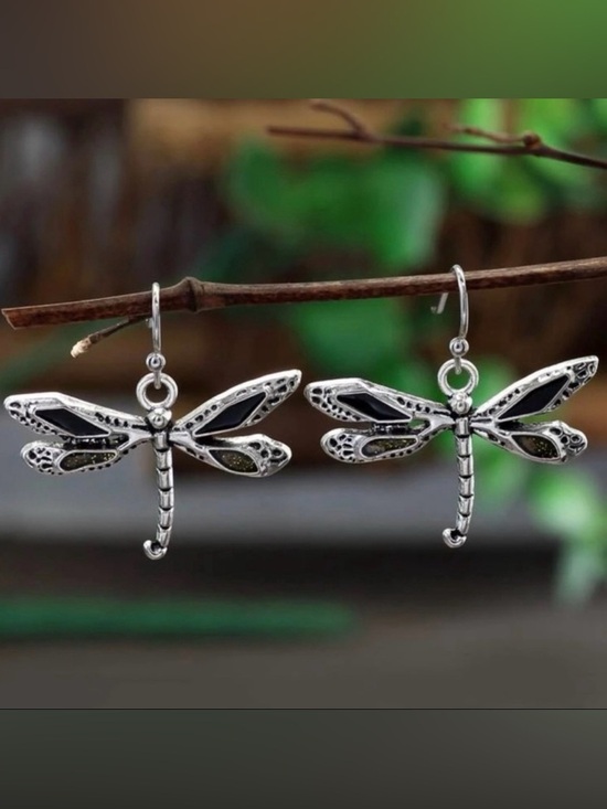 Jewelry - “Dragonfly” Firefly Silver Black & Green Iridescent Glitter Winged Insect Dangle